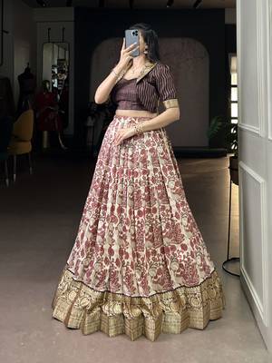 brown printed Tassar Silk Lehenga Choli with shrug 4