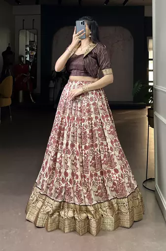 brown printed Tassar Silk Lehenga Choli with shrug