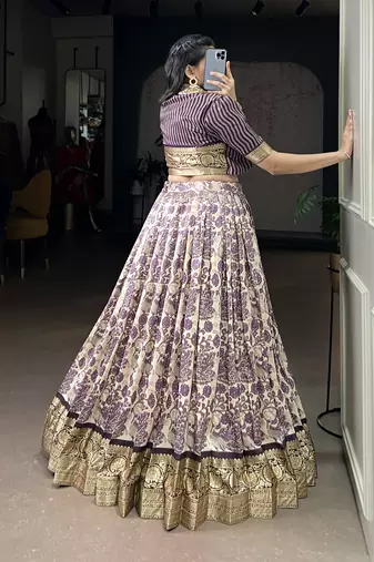 lavender printed Tassar Silk Lehenga Choli with shrug