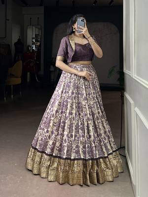 lavender printed Tassar Silk Lehenga Choli with shrug 3