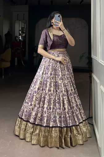 lavender printed Tassar Silk Lehenga Choli with shrug