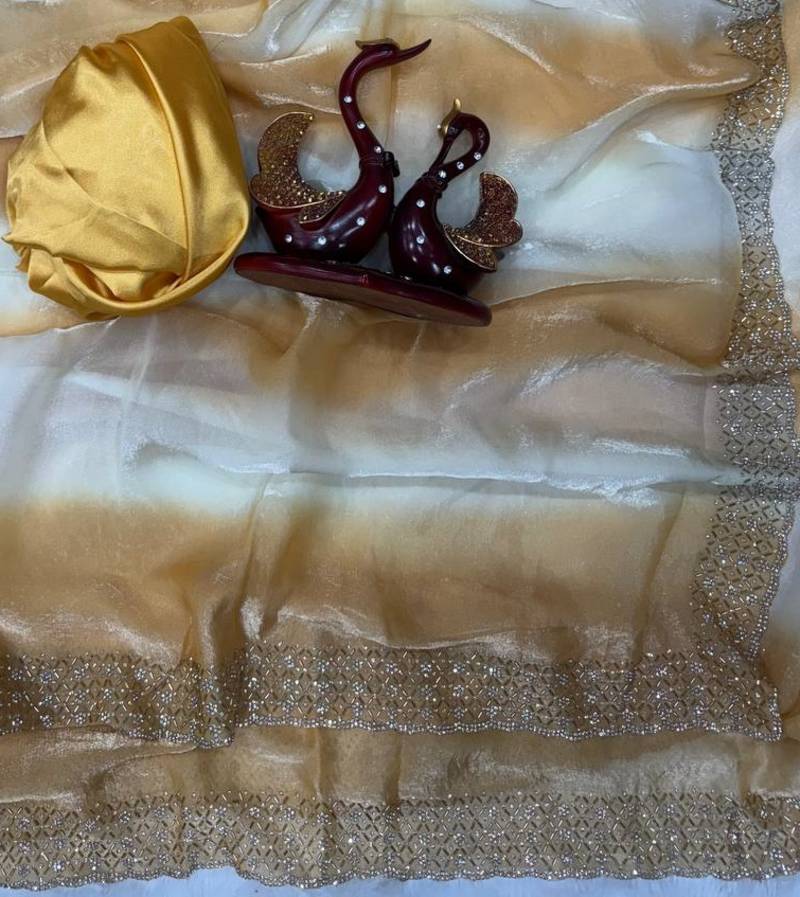 Yellow Color Jarkhan Diamond Work Silk Blend Saree