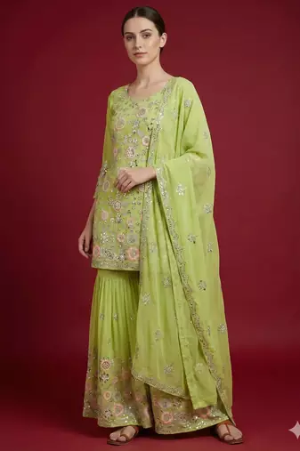 Green georgette sharara set intricate embroidery work