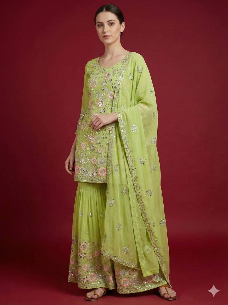 Green georgette sharara set intricate embroidery work