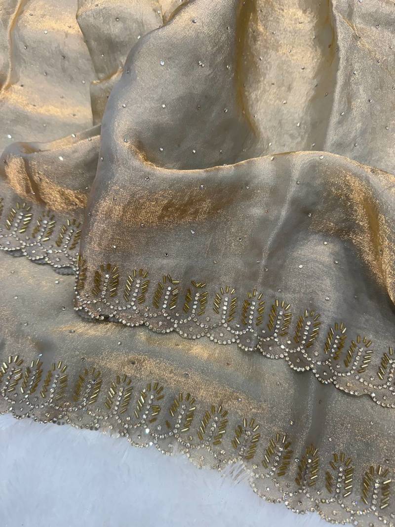 Grey Color Jarkhan Diamond Work Space Silk Saree