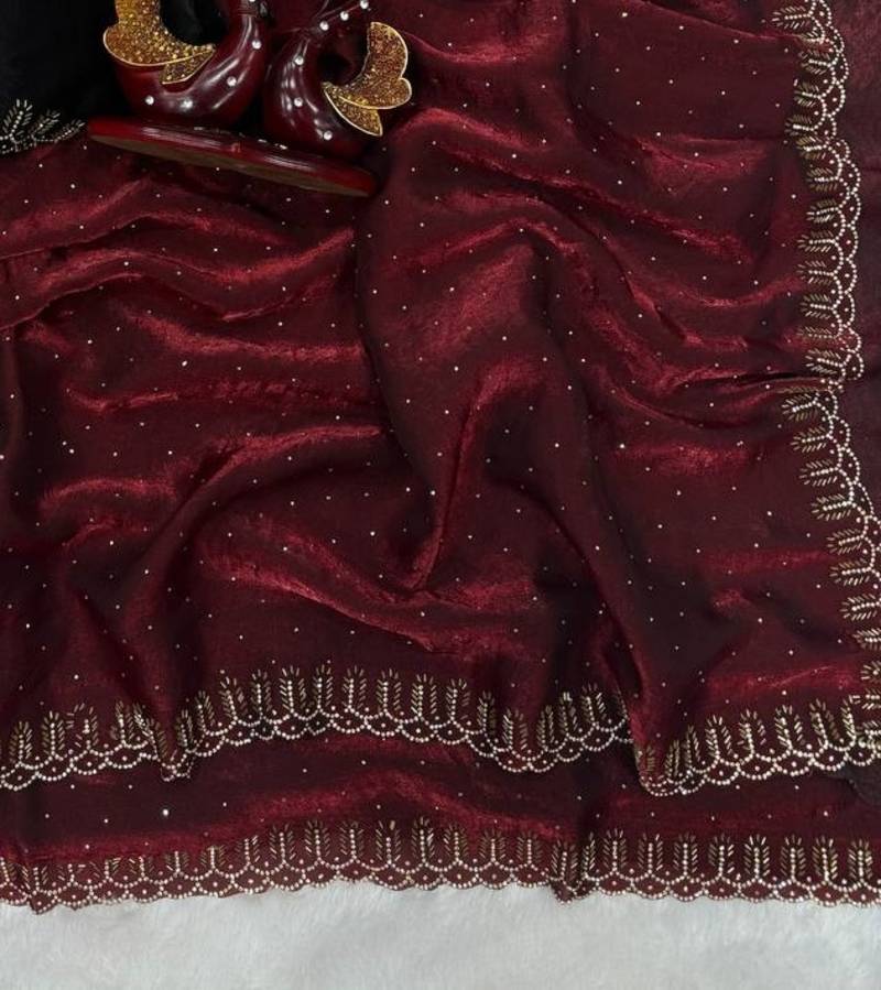 Maroon Color Jarkhan Diamond Work Space Silk Blend Saree