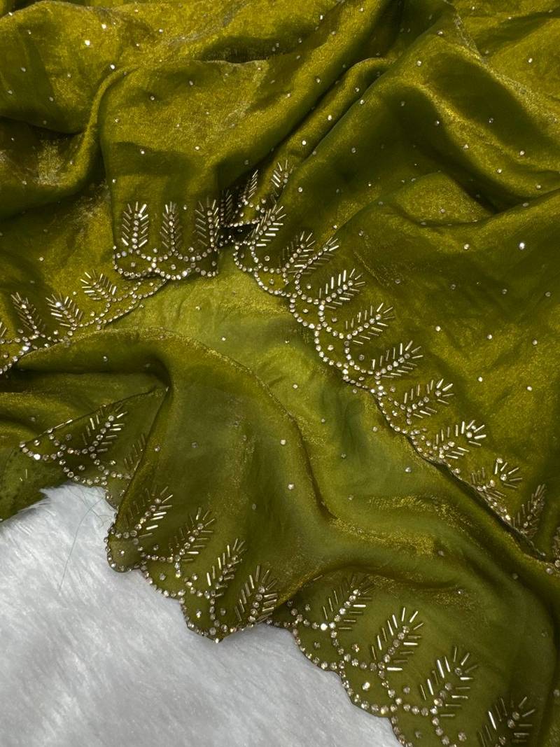 Olive Color Jarkhan Diamond Work Space Silk Blend Saree