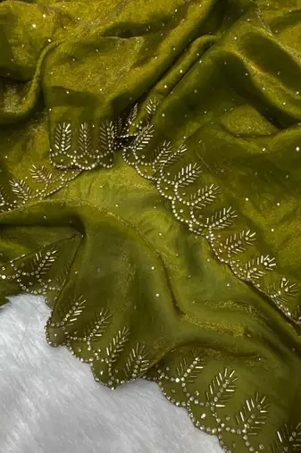 Olive Color Jarkhan Diamond Work Space Silk Blend Saree