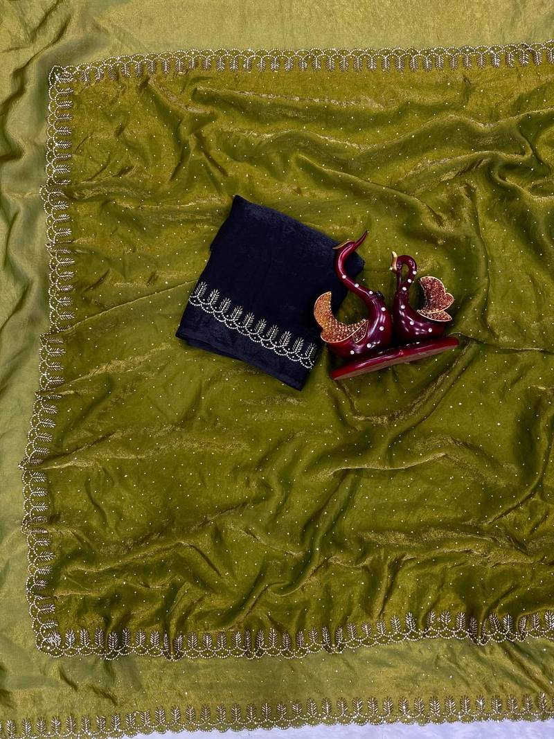 Olive Color Jarkhan Diamond Work Space Silk Blend Saree