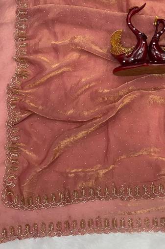 Peach Color Jarkhan Diamond Work Space Silk Blend Saree