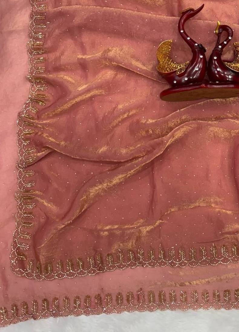 Peach Color Jarkhan Diamond Work Space Silk Blend Saree