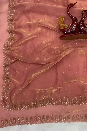 Peach Color Jarkhan Diamond Work Space Silk Blend Saree