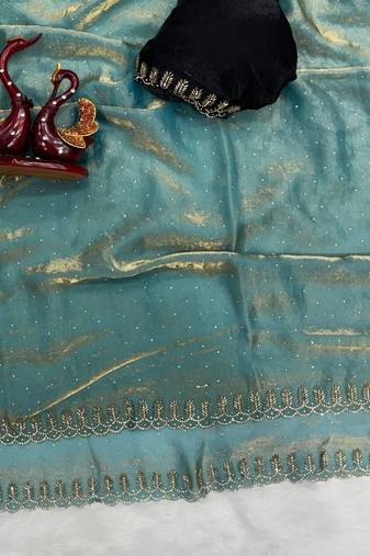 Sky Blue Color Jarkhan Diamond Work Space Silk Blend Saree