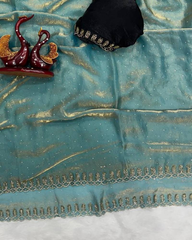 Sky Blue Color Jarkhan Diamond Work Space Silk Blend Saree