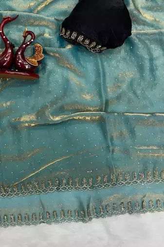 Sky Blue Color Jarkhan Diamond Work Space Silk Blend Saree