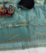 Sky Blue Color Jarkhan Diamond Work Space Silk Blend Saree