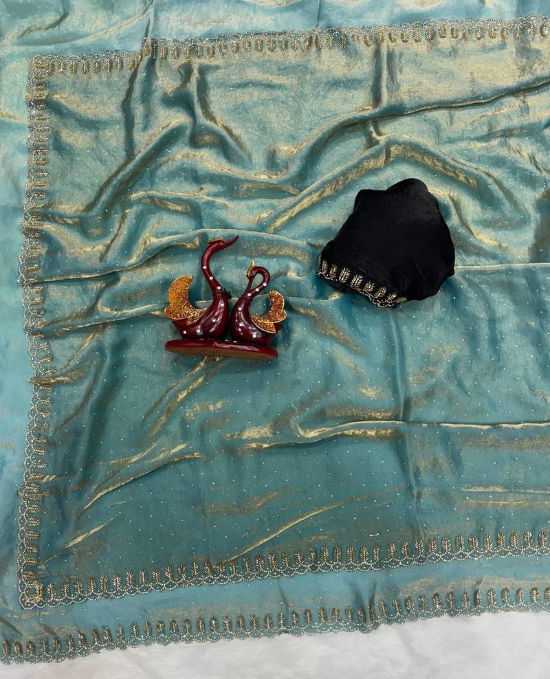 Sky Blue Color Jarkhan Diamond Work Space Silk Blend Saree