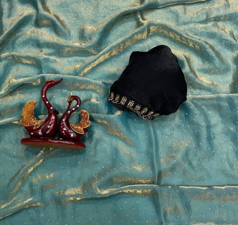 Sky Blue Color Jarkhan Diamond Work Space Silk Blend Saree