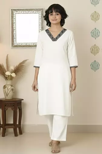 White embroidered rayon kurta palazzo