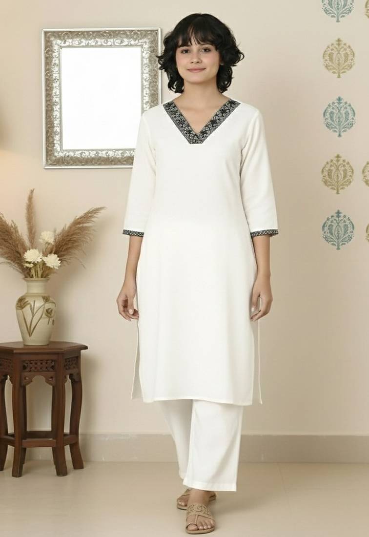 White embroidered rayon kurta palazzo