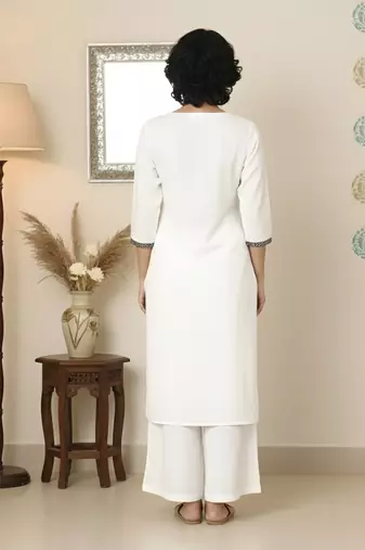 White embroidered rayon kurta palazzo
