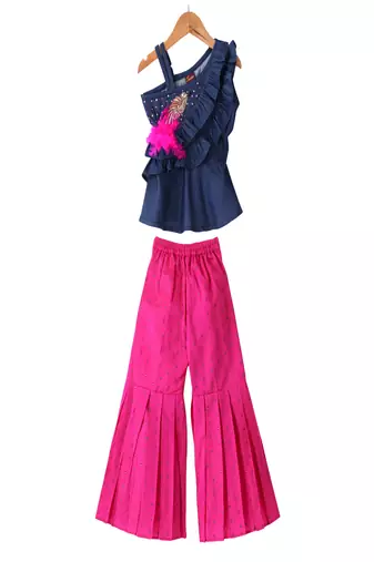 woven denim sleeveless embellished top with printed palazzo-blue & pink