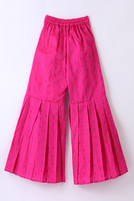 woven denim sleeveless embellished top with printed palazzo-blue & pink 3