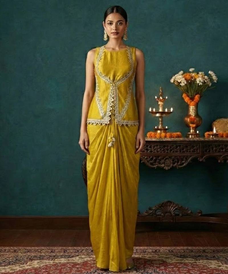 Lime Green Lace Draped Skirt Set