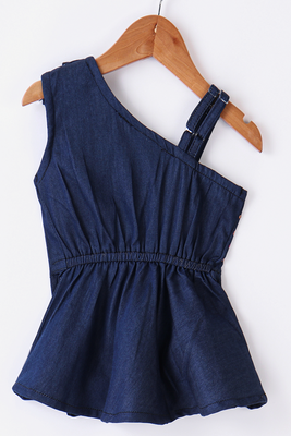 woven denim sleeveless embellished top with printed palazzo-blue & pink 5