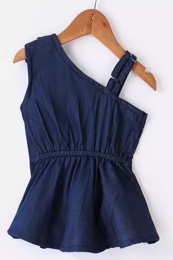 woven denim sleeveless embellished top with printed palazzo-blue & pink