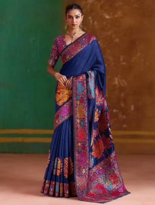 navy bule modal cotton pashmina weaving saree  ready to dispatch 1
