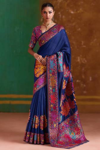 navy bule modal cotton pashmina weaving saree – ready to dispatch