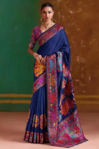 navy bule modal cotton pashmina weaving saree – ready to dispatch