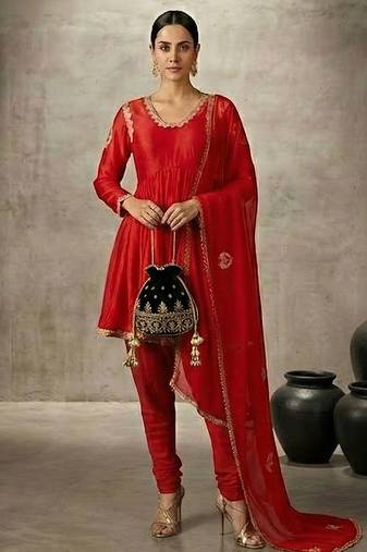 Red vichitra silk embroidered dhoti set