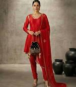 Red vichitra silk embroidered dhoti set