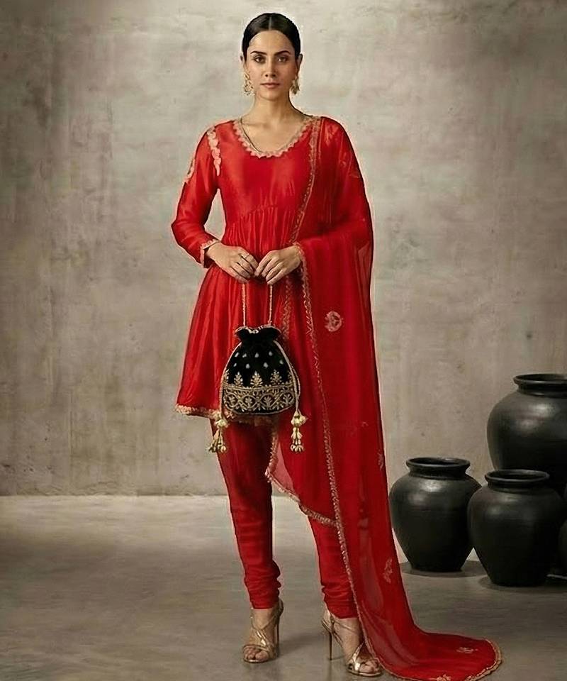 Red vichitra silk embroidered dhoti set