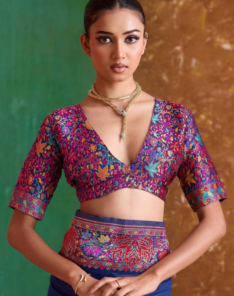 navy bule modal cotton pashmina weaving saree – ready to dispatch