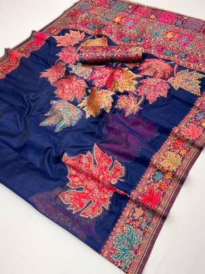 navy bule modal cotton pashmina weaving saree  ready to dispatch 3