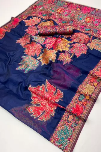 navy bule modal cotton pashmina weaving saree  ready to dispatch