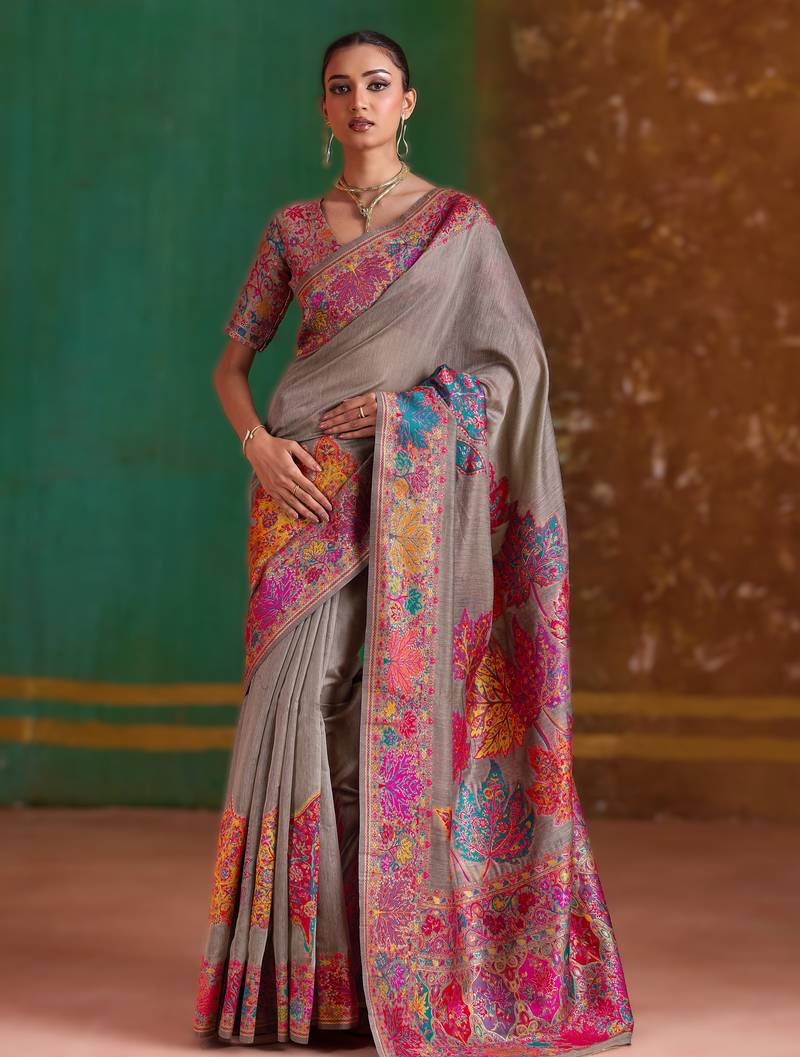 chikoo modal cotton pashmina weaving saree – ready to dispatch