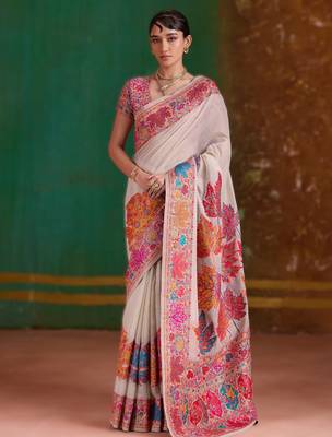 cream modal cotton pashmina weaving saree 1