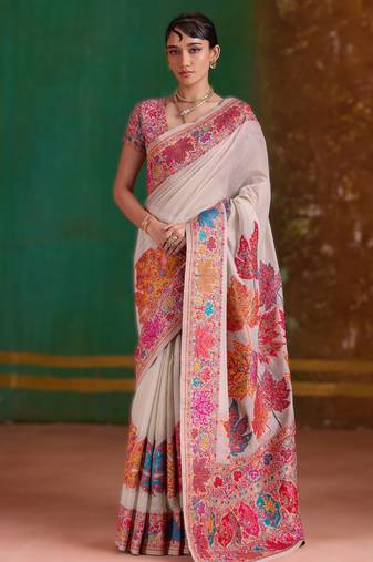 cream modal cotton pashmina weaving saree