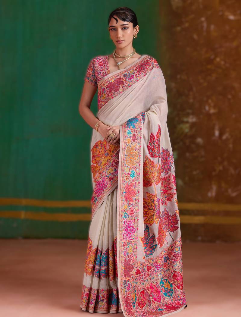 cream modal cotton pashmina weaving saree