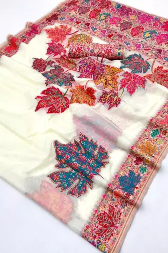 cream modal cotton pashmina weaving saree