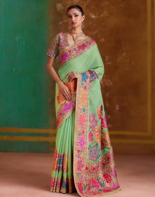parrot green modal cotton pashmina weaving saree  ready to dispatch 1