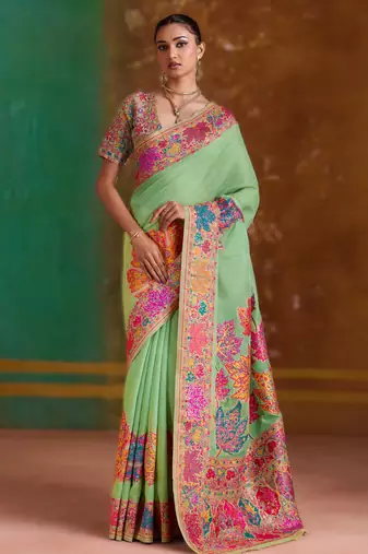 parrot green  modal cotton pashmina weaving saree     ready to dispatch