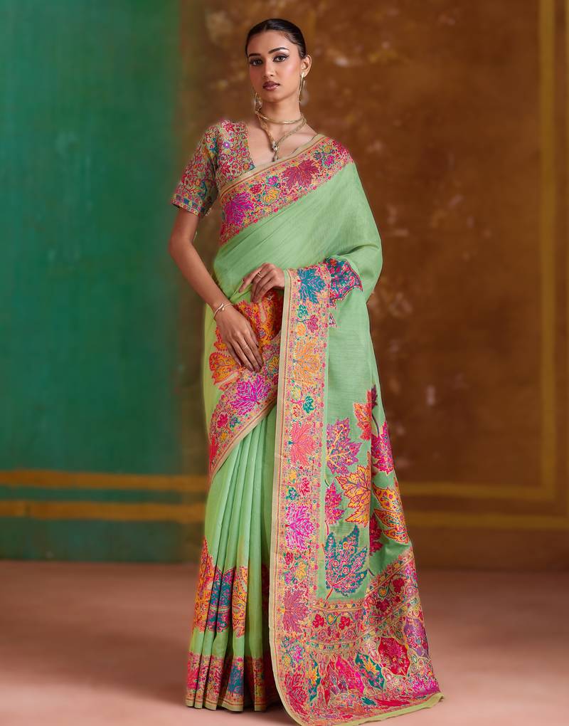 parrot green  modal cotton pashmina weaving saree – ready to dispatch