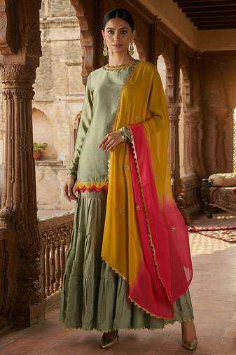 Olive vichitra silk layered palazzo set