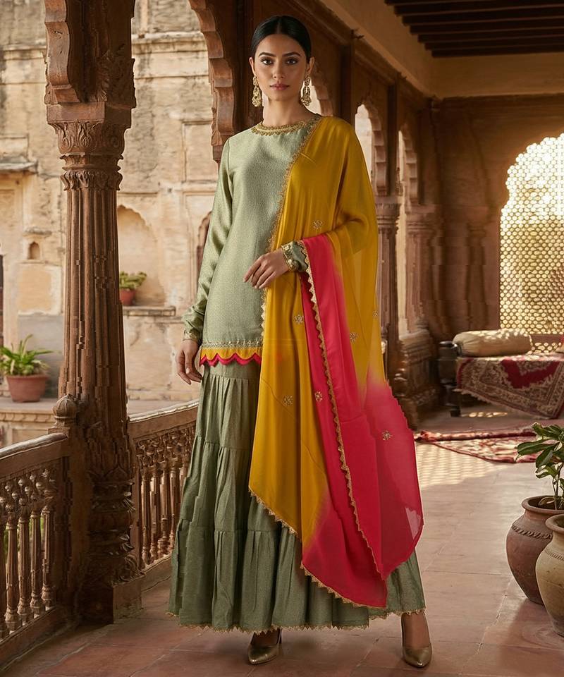 Olive vichitra silk layered palazzo set