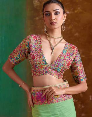 parrot green modal cotton pashmina weaving saree  ready to dispatch 2